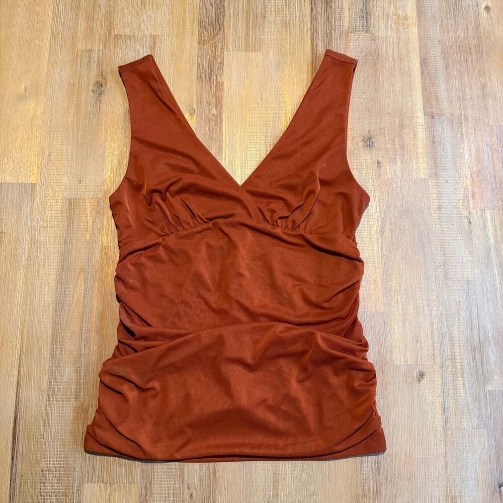 by Anthropologie Women's Brown Double V Mesh Ruched Sleeveless Tank Top Size S
